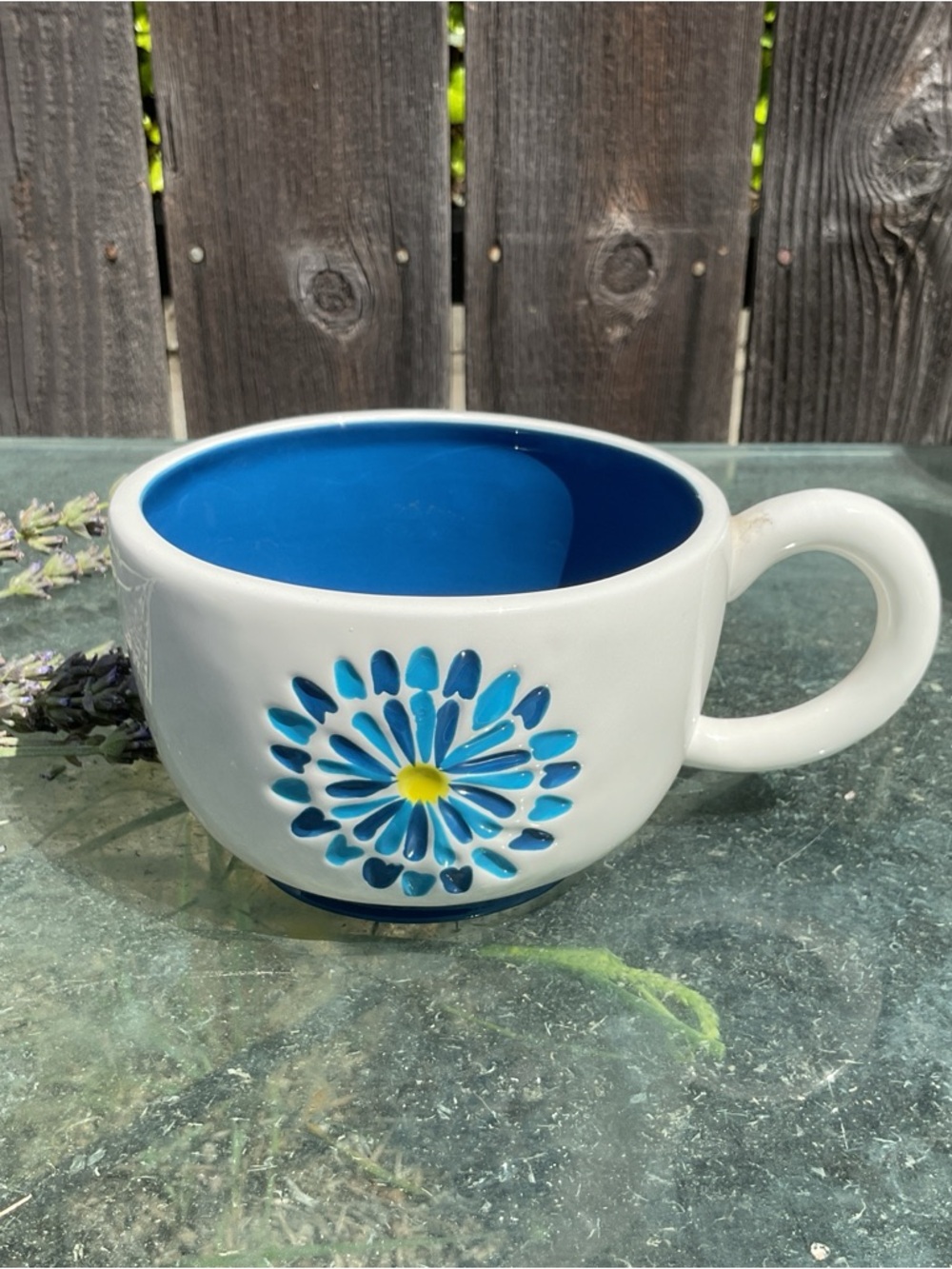 VTG Starbucks Mug Hand Painted Blue Flowers 14 oz